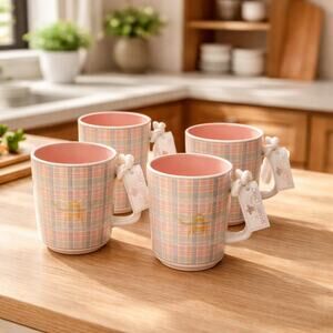 Shabby Chic Bee Plaid Ceramic Mug Set of 4 Pink Cottagecore Coffee Cups